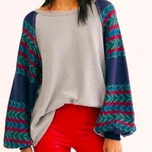 WE THE FREE PEOPLE TOP THERMAL KNIT SLEEVES SOUTHWESTERN SEA